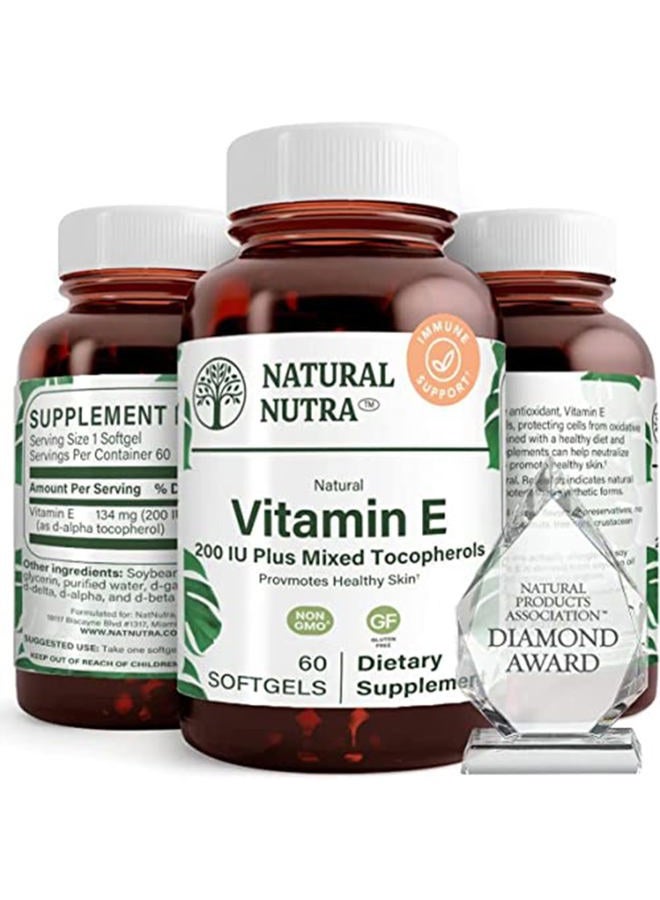 Natural Nutra Vitamin E 200 IU Supplement for Skin, Hair and Nails, Promote Heart Health, Helps Reduce Redness, Helps to Prevent Skin Texture, Promoted Immune System, Gluten Free, 60 Softgels - Image 1