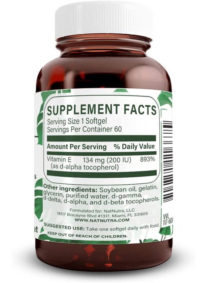 Natural Nutra Vitamin E 200 IU Supplement for Skin, Hair and Nails, Promote Heart Health, Helps Reduce Redness, Helps to Prevent Skin Texture, Promoted Immune System, Gluten Free, 60 Softgels - Image 2