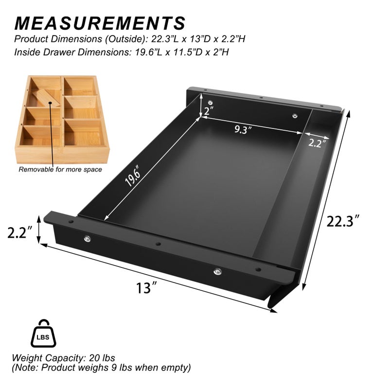 Gaxomo Large Under Desk Mounted Sliding Drawer with Bamboo Tray and 60 Degree Tilt Panel to Pull Out, 22'' Long & 13'' deep Large Storage Organizer for Sit Stand Workstation - Image 2