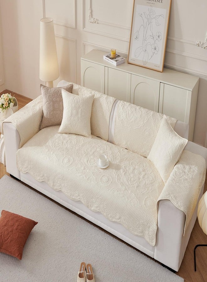 vctops Boho Cotton Quilted Couch Cover Soft Embroidered Sofa Cover Non-Slip Dog Bed Cover Scalloped Sofa Slipcover Washable Furniture Protector Cover (Cream,28"x28") - Image 4