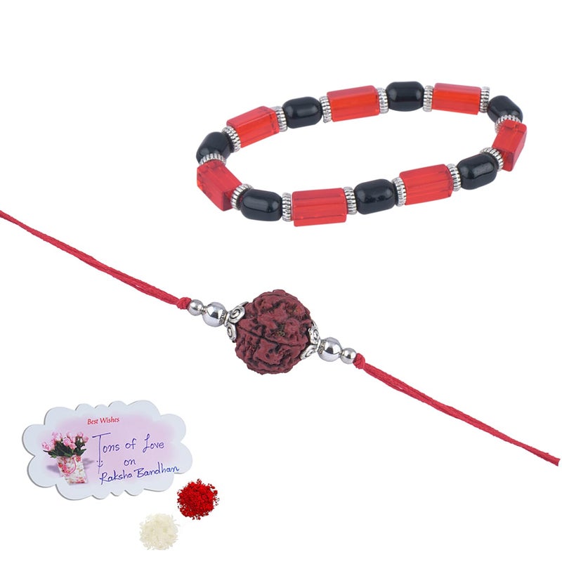 JFL-JewelleryforLess Handmade Rakhi Combo Couple Pair Panch Mukhi Rudraksh Rakhi and Maroon Unisex Stretchable Bracelet for Bhaiya Bhabhi with Roli Chawal and Written Greeting Note - Image 1