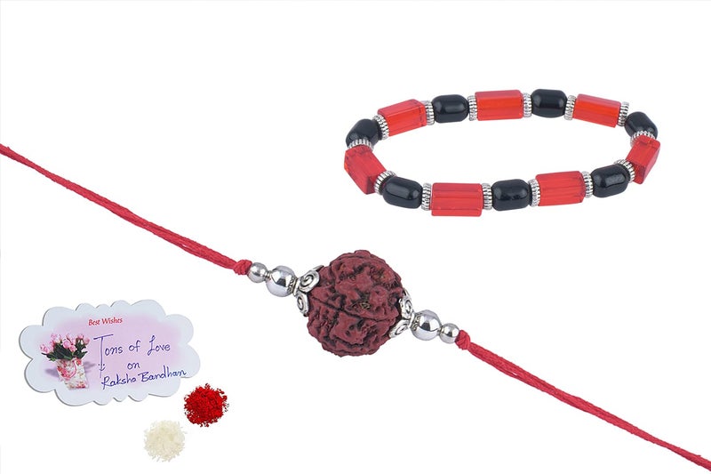 JFL-JewelleryforLess Handmade Rakhi Combo Couple Pair Panch Mukhi Rudraksh Rakhi and Maroon Unisex Stretchable Bracelet for Bhaiya Bhabhi with Roli Chawal and Written Greeting Note - Image 4