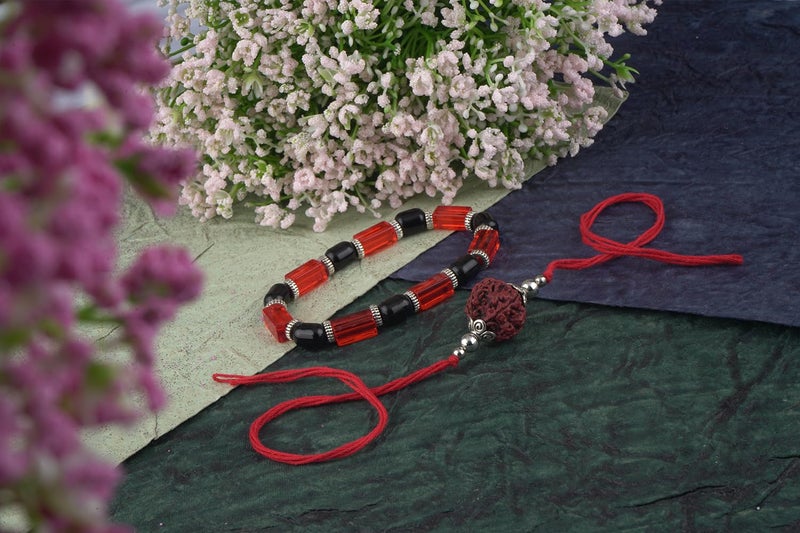 JFL-JewelleryforLess Handmade Rakhi Combo Couple Pair Panch Mukhi Rudraksh Rakhi and Maroon Unisex Stretchable Bracelet for Bhaiya Bhabhi with Roli Chawal and Written Greeting Note - Image 2