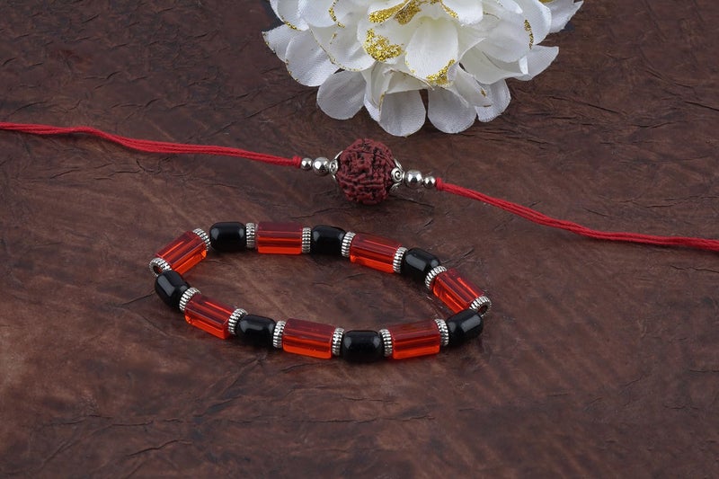 JFL-JewelleryforLess Handmade Rakhi Combo Couple Pair Panch Mukhi Rudraksh Rakhi and Maroon Unisex Stretchable Bracelet for Bhaiya Bhabhi with Roli Chawal and Written Greeting Note - Image 3