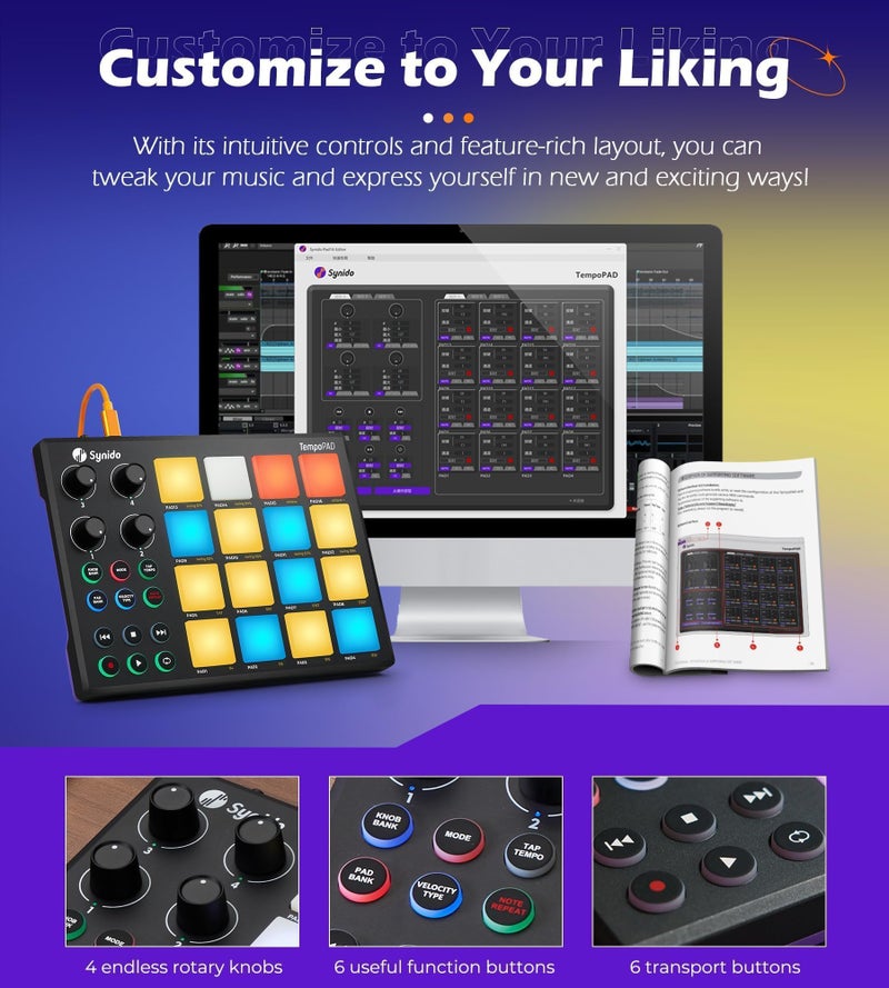 Synido TempoPAD Midi Controller Beat Maker Machine for Music Production, Portable USB MIDI Beat Pad Controller for Beginners with Durable Carrying Bag, 16 Backlit Beat Pad, 4 Assignable Knob - Image 3