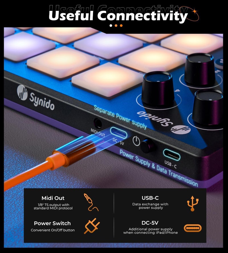Synido TempoPAD Midi Controller Beat Maker Machine for Music Production, Portable USB MIDI Beat Pad Controller for Beginners with Durable Carrying Bag, 16 Backlit Beat Pad, 4 Assignable Knob - Image 5
