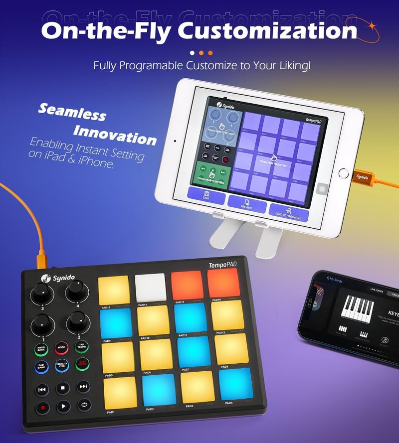 Synido TempoPAD Midi Controller Beat Maker Machine for Music Production, Portable USB MIDI Beat Pad Controller for Beginners with Durable Carrying Bag, 16 Backlit Beat Pad, 4 Assignable Knob - Image 2