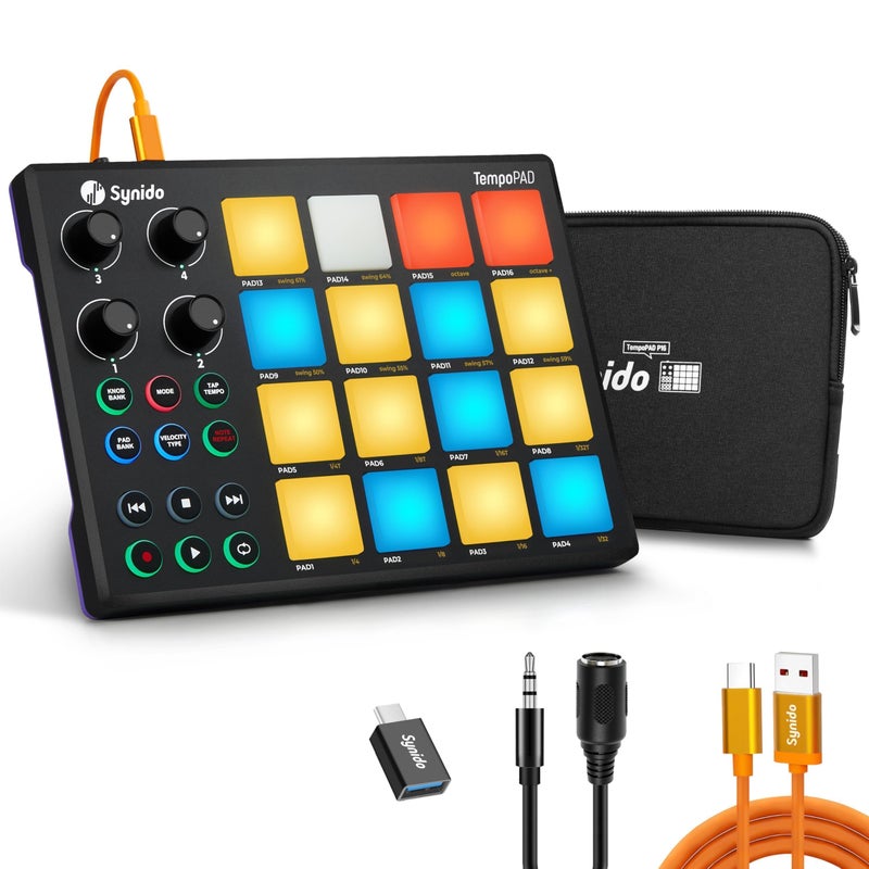 Synido TempoPAD Midi Controller Beat Maker Machine for Music Production, Portable USB MIDI Beat Pad Controller for Beginners with Durable Carrying Bag, 16 Backlit Beat Pad, 4 Assignable Knob - Image 1