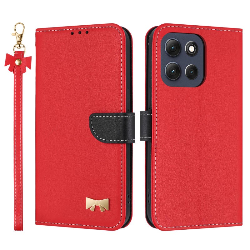 erorex For Motorola Moto G86 Power Metal Bow Leather Phone Case with Hand Strap(Red) - Image 1