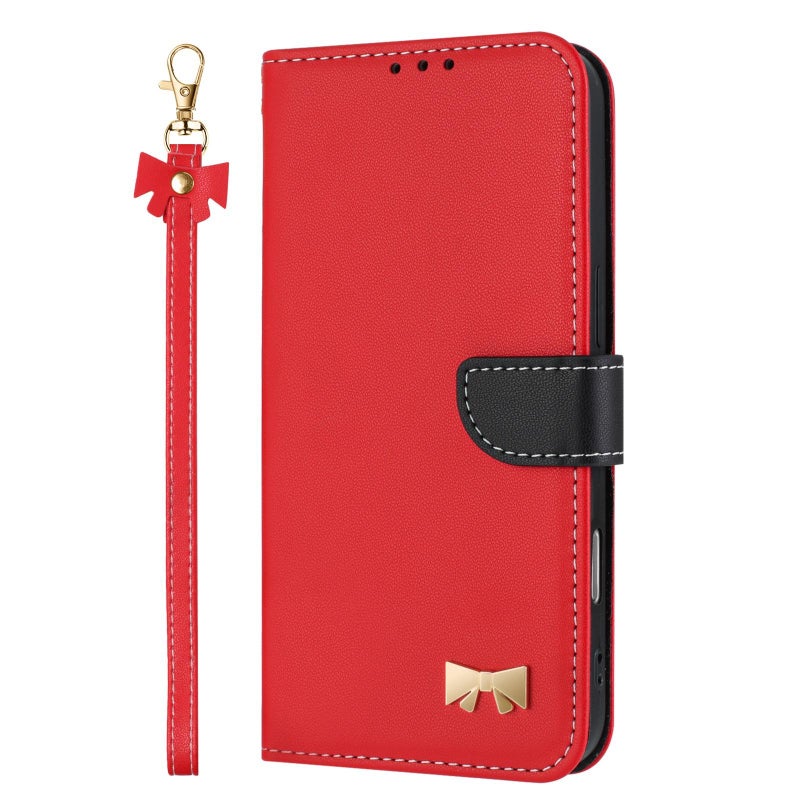 erorex For Motorola Moto G86 Power Metal Bow Leather Phone Case with Hand Strap(Red) - Image 2
