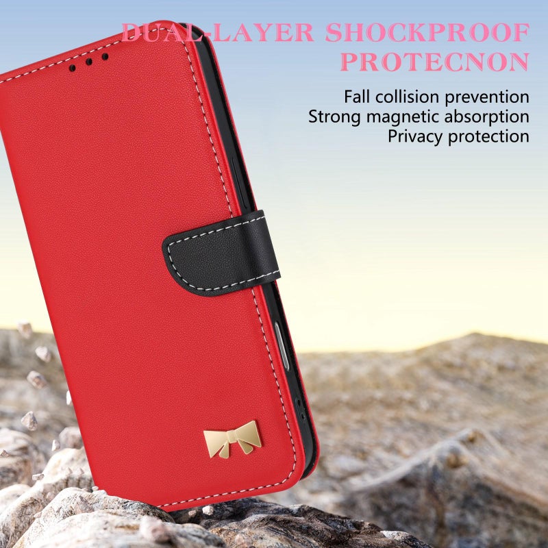 erorex For Motorola Moto G86 Power Metal Bow Leather Phone Case with Hand Strap(Red) - Image 4