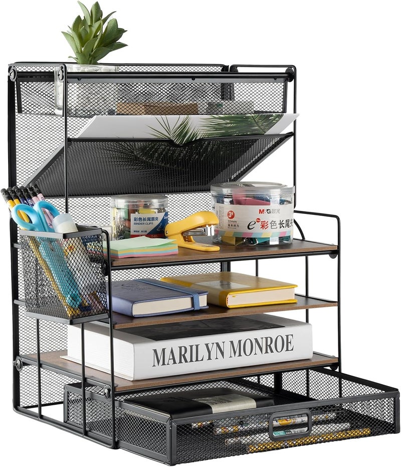 ZNMYDMT 4 Tier Desk Organizers and Accessories, Paper Letter Tray Organizer,Vintage Wood Desk File Organizer with Stationery Tray and Pen Holders for School Home Office Supplies - Image 1