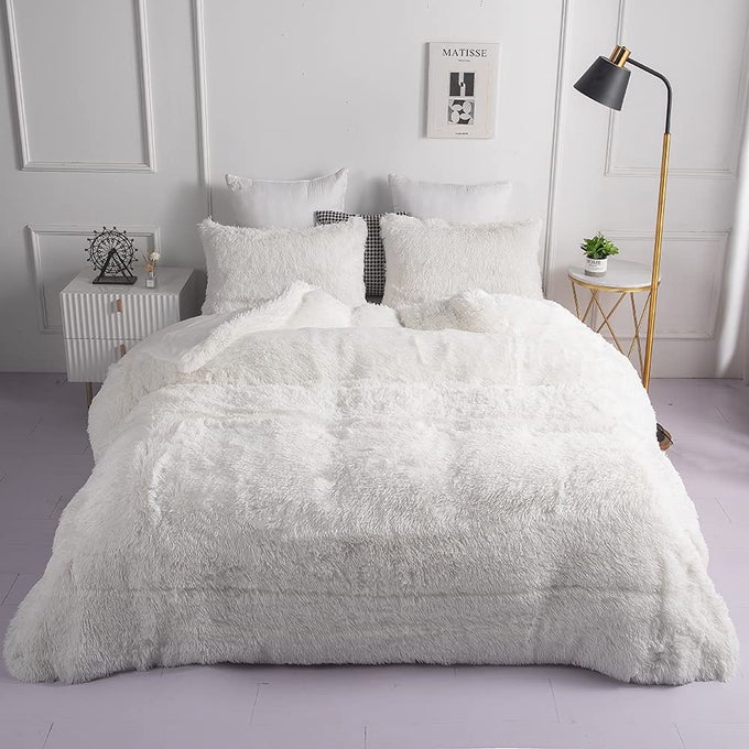 FAUX FUR PLUSH WHITE COMFORTER SETS FULLQUEEN ULTRA SOFT SHAGGY FLANNEL VELVET FLUFFY FUZZY 3PC BEDDING SET COMFORTER X 1 PILLOWCASES X 2
