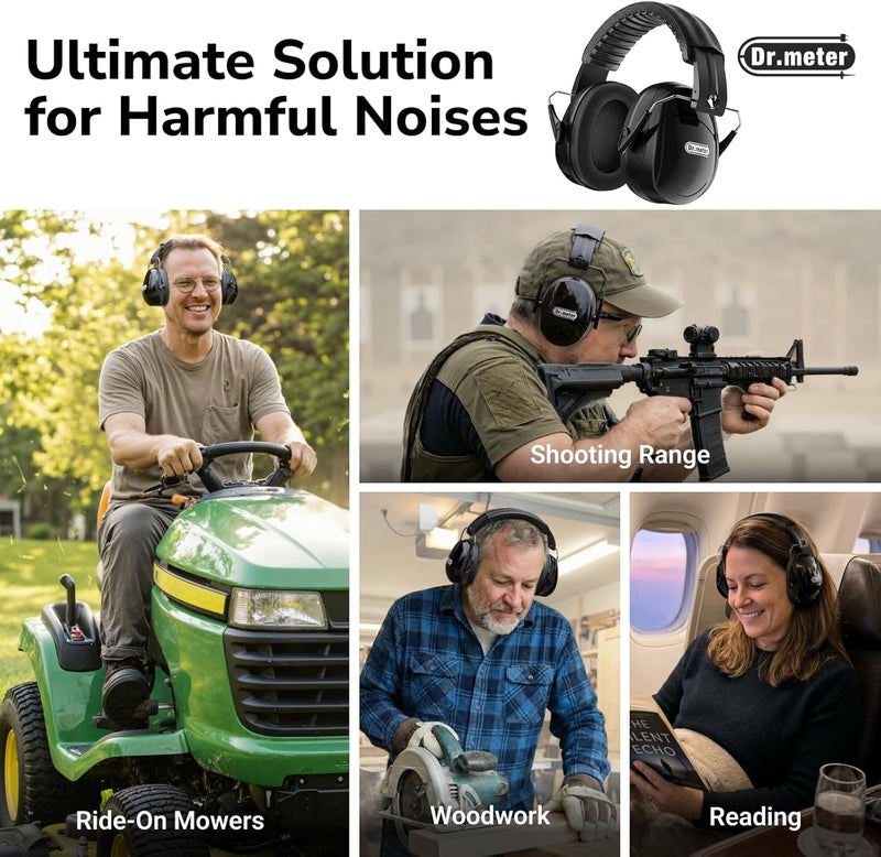 Dr.Meter Hearing Protection Ear Muffs, 31dB Noise Reduction Safety Earmuffs with Adjustable Headband for Adults Kids Autism Sensory, Ear Muff for Yard Work, Mowing or Hunting -Pure Black 2PACK - Image 4