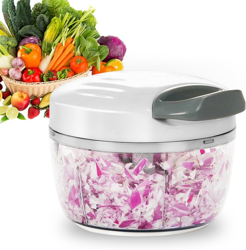 Badelite Manual Food Processor Vegetable Chopper 2.3 Cup Small Mini Hand Pull String Onion Chopper Garlic Mincer Cutter with 3 Stainless Steel Blades - White - Image 1