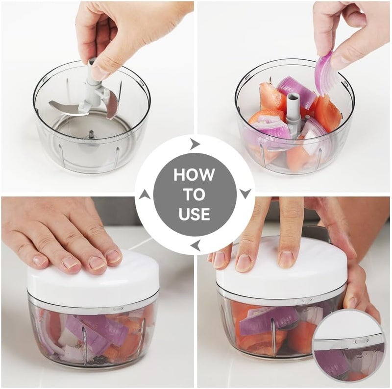 Badelite Manual Food Processor Vegetable Chopper 2.3 Cup Small Mini Hand Pull String Onion Chopper Garlic Mincer Cutter with 3 Stainless Steel Blades - White - Image 4