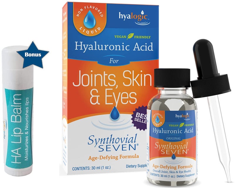 Hyalogic Liquid Synthovial Seven Oral Hyaluronic Acid Supplement 1oz with Bonus Lip Balm HA Stick Skin Body and Lip Hydration