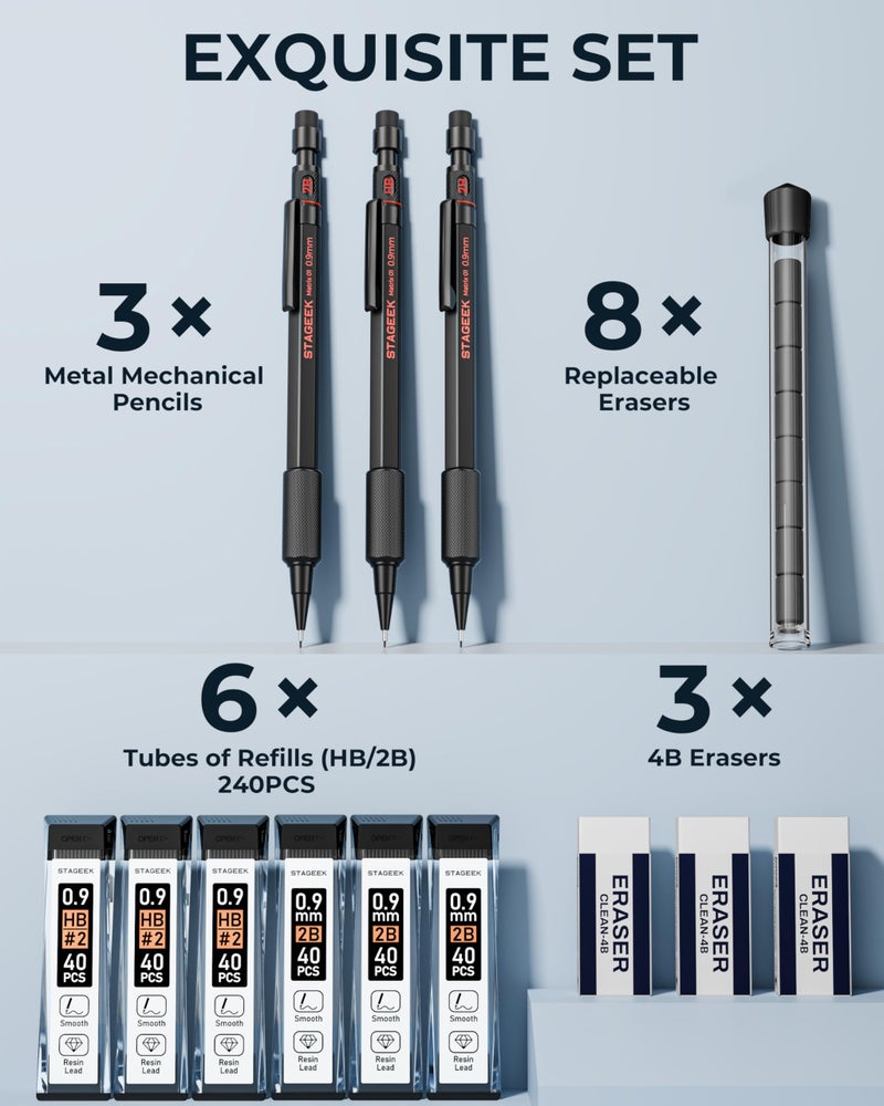 STAGEEK 0.9mm Mechanical Pencil Set, 3PCS Metal Mechanical Pencils 0.9mm with 6 Tubes HB & 2B Lead Refills,Erasers, Weatherproof Artist Pencils with Case for Outdoor Writing Drafting Drawing - Image 5