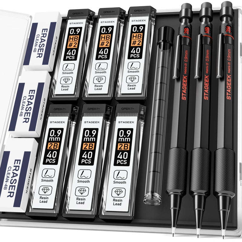 STAGEEK 0.9mm Mechanical Pencil Set, 3PCS Metal Mechanical Pencils 0.9mm with 6 Tubes HB & 2B Lead Refills,Erasers, Weatherproof Artist Pencils with Case for Outdoor Writing Drafting Drawing - Image 1