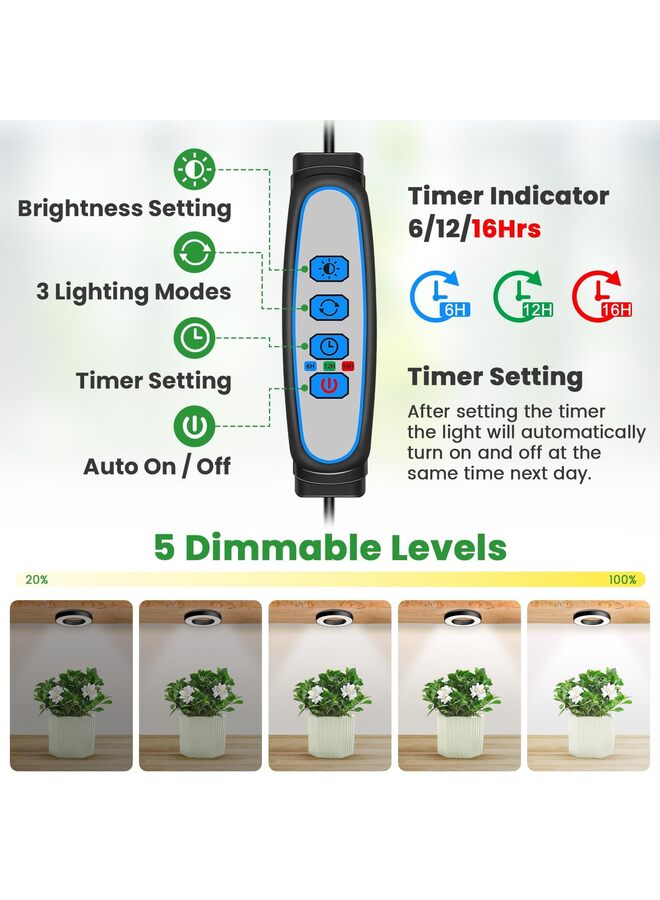 Grow Lights for Indoor Plants, 144 LEDs Full Spectrum LED Plant Grow Light, 5V/3A Under Cabinet Grow Lamp with Auto Timer 6/12/16 Hrs, 3 Lighting Mode, 5 Brightness Levels, Tri Head (3.5in) - Image 4