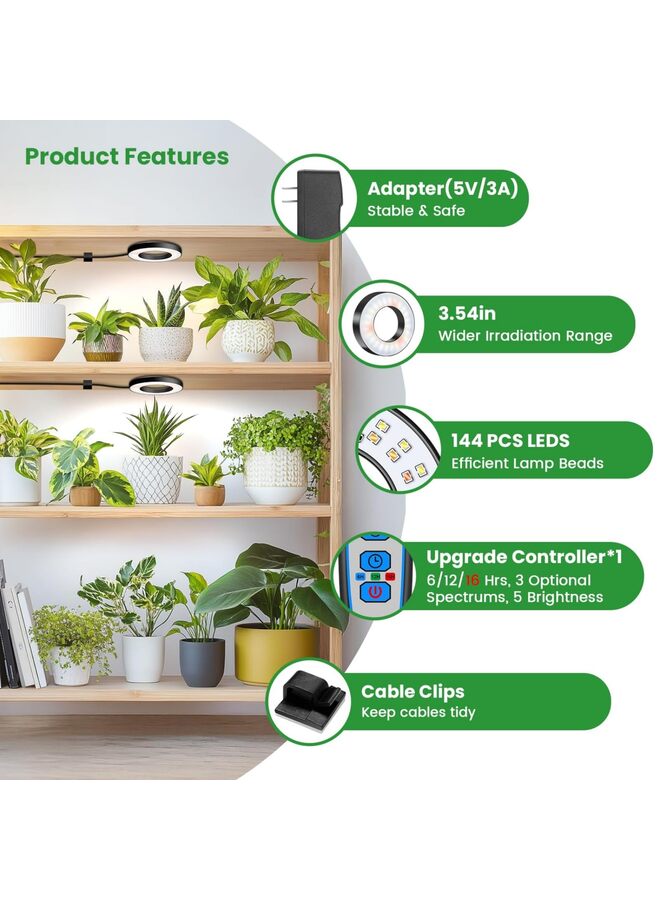 Grow Lights for Indoor Plants, 144 LEDs Full Spectrum LED Plant Grow Light, 5V/3A Under Cabinet Grow Lamp with Auto Timer 6/12/16 Hrs, 3 Lighting Mode, 5 Brightness Levels, Tri Head (3.5in) - Image 2