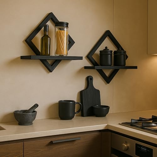 PHOENANCEE Floating Shelves for Wall,Decorative Wall Shelf,Hanging Shelf for Plants Storage Display Holder,Indoor Decor for Living Room Home Office Bathroom Bedroom,Solid Wood,Diamond Shaped,2 Pack(Black) - Image 4
