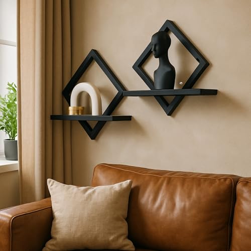 PHOENANCEE Floating Shelves for Wall,Decorative Wall Shelf,Hanging Shelf for Plants Storage Display Holder,Indoor Decor for Living Room Home Office Bathroom Bedroom,Solid Wood,Diamond Shaped,2 Pack(Black) - Image 5