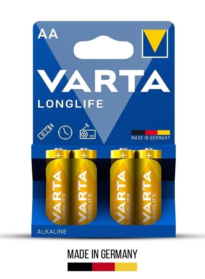 Varta Longlife AA Alkaline Battery 4-Pack - High-performance, Long-lasting Batteries for Everyday Devices - Ideal for Remote Controls, Toys, Flashlights, and More - Image 1