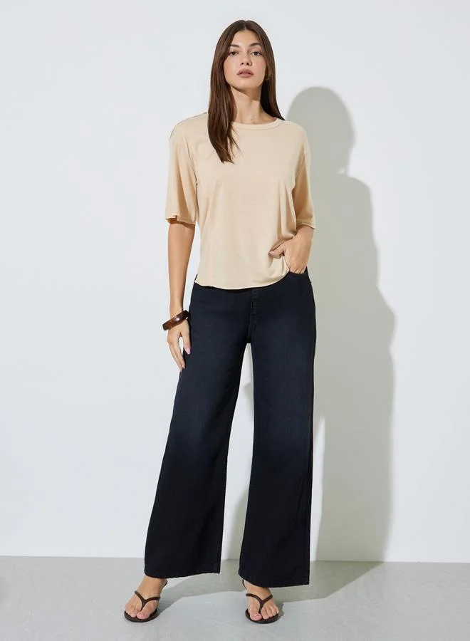 ستايلي Beige Short Sleeves Side Slit Regular T-Shirt
