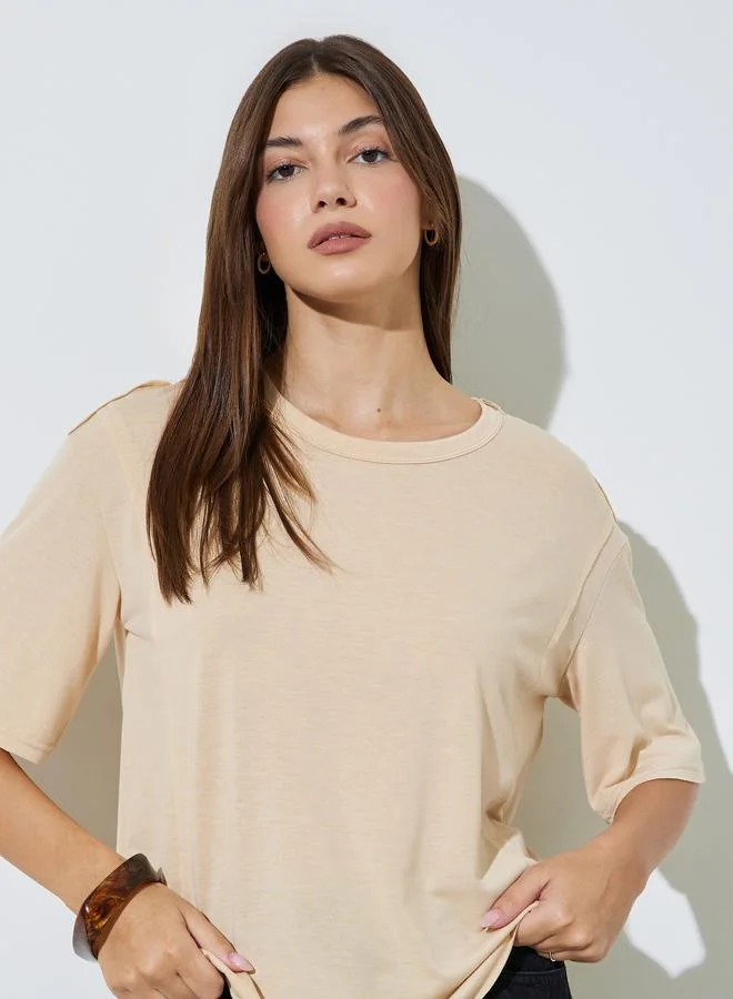 ستايلي Beige Short Sleeves Side Slit Regular T-Shirt