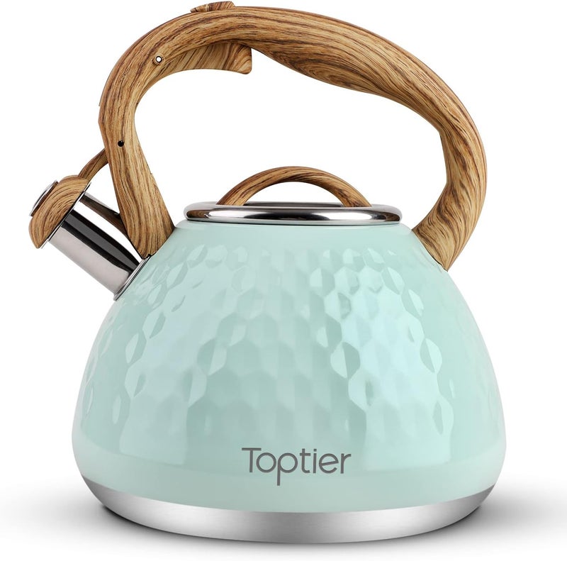 toptier Tea Kettle, Teapot Whistling Kettle with Wood Pattern Handle Loud Whistle, Food Grade Stainless Steel Tea Pot for Stovetops Induction Diamond Design Water Kettle, 2.7-Quart Light Green - Image 1