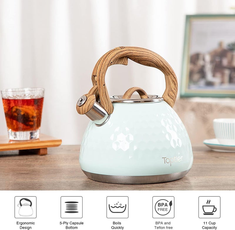 toptier Tea Kettle, Teapot Whistling Kettle with Wood Pattern Handle Loud Whistle, Food Grade Stainless Steel Tea Pot for Stovetops Induction Diamond Design Water Kettle, 2.7-Quart Light Green - Image 5