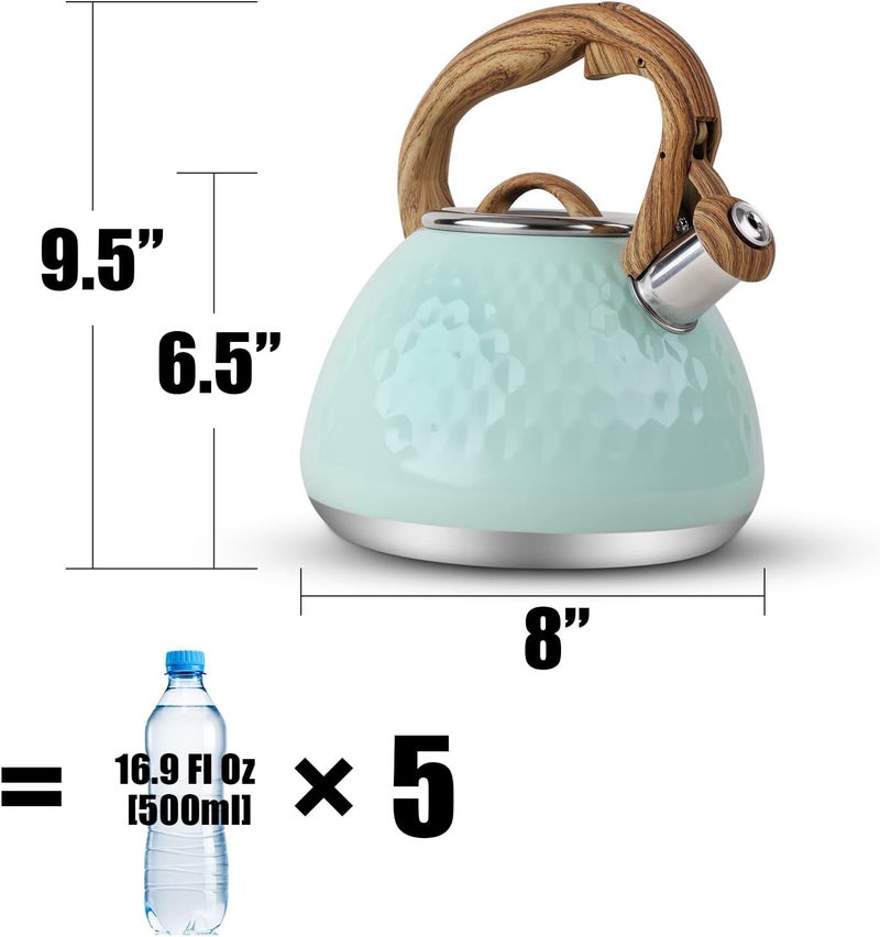 toptier Tea Kettle, Teapot Whistling Kettle with Wood Pattern Handle Loud Whistle, Food Grade Stainless Steel Tea Pot for Stovetops Induction Diamond Design Water Kettle, 2.7-Quart Light Green - Image 2