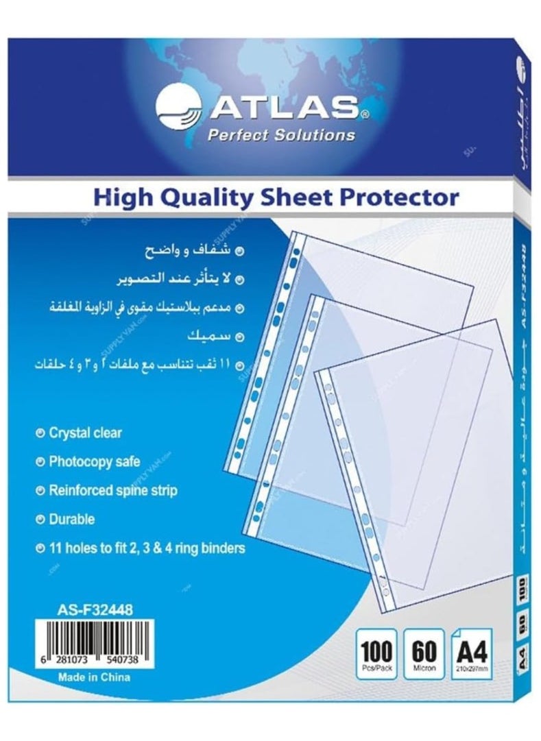 ATLAS Atlas PP Glass Pockets 100-Pieces, A4 x 60 Micron Size, Clear 