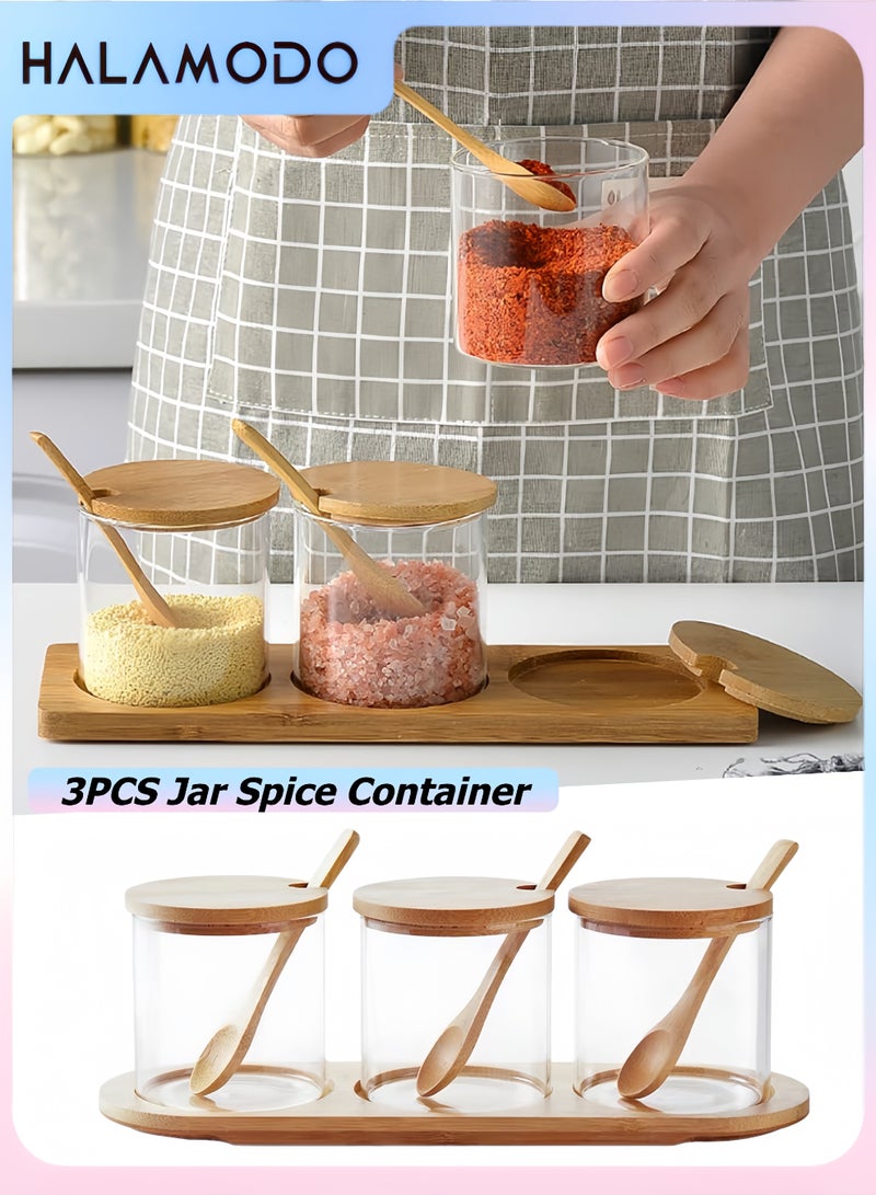 Halamodo 3PCS Condiment Jar Spice Container with Lids and Spoons, 10oz Clear Glass Condiment Canisters Pots Seasoning Box Salt Container Sugar Bowl Set for Kitchen Containers - Image 1