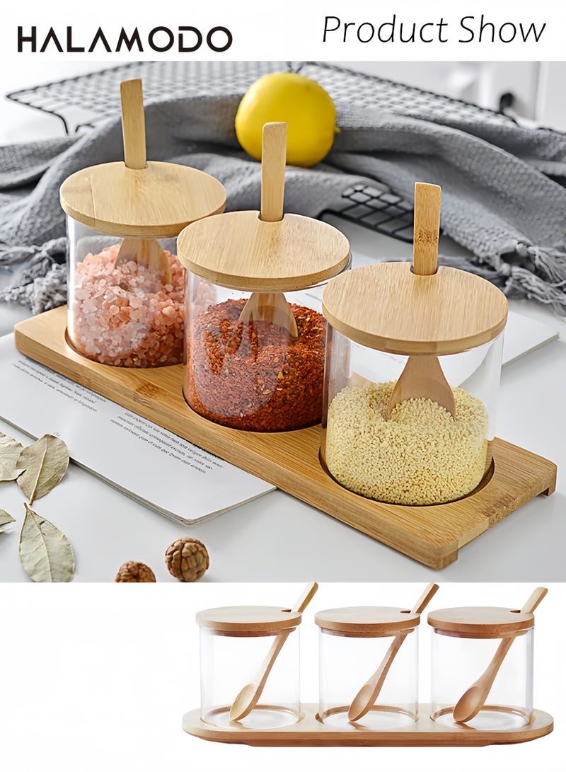 Halamodo 3PCS Condiment Jar Spice Container with Lids and Spoons, 10oz Clear Glass Condiment Canisters Pots Seasoning Box Salt Container Sugar Bowl Set for Kitchen Containers - Image 3