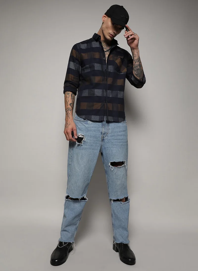 Campus Sutra Men's Grey & Olive Green Gun Club Check Shirt