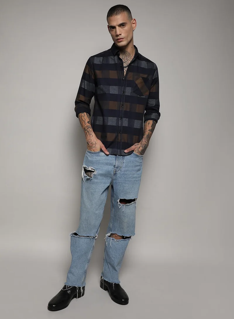 Campus Sutra Men's Grey & Olive Green Gun Club Check Shirt