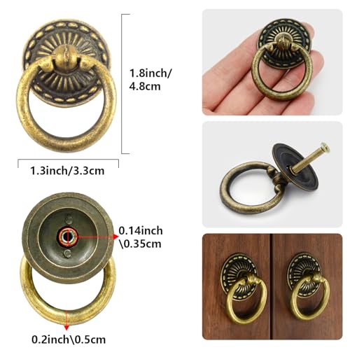Chris.W 6pcs Vintage Bronze Drop Ring Knobs Pulls Handles for Dresser Drawer Antique Drawer Pull Ring Single Hole Decorative Hardware with Screws for Furniture Cabinet Cupboard (Round) - Image 2