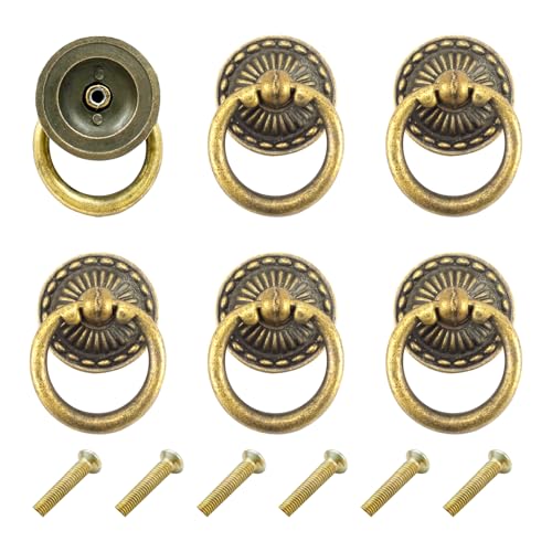 Chris.W 6pcs Vintage Bronze Drop Ring Knobs Pulls Handles for Dresser Drawer Antique Drawer Pull Ring Single Hole Decorative Hardware with Screws for Furniture Cabinet Cupboard (Round) - Image 1