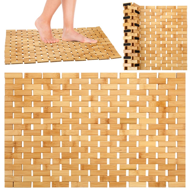 2 Pcs Bamboo Shower Mat Wood Bath Mat Bathroom Bamboo Rug Non Slip Waterproof Wooden Shower Rug with Nonskid Silicone Pads for Bathroom Floor Spa Bathtub Kitchen24 x 16 inches