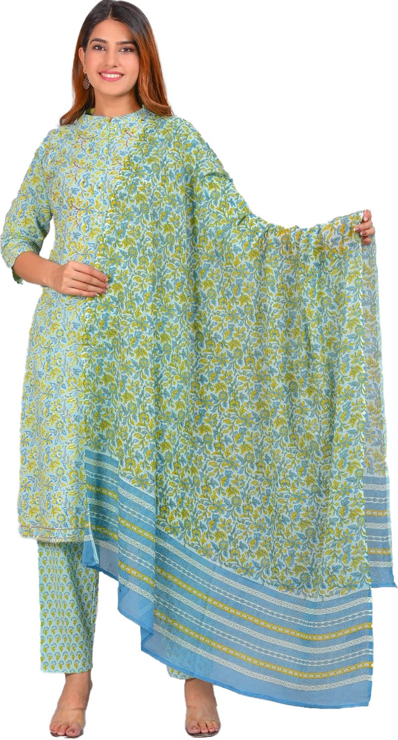 Yash Gallery Women's Embroidered Floral Printed Straight Kurti With Pant And Dupatta (Green, L) - Image 1