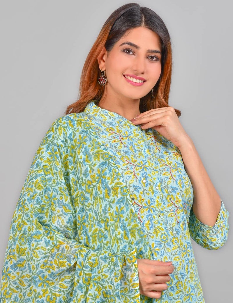 Yash Gallery Women's Embroidered Floral Printed Straight Kurti With Pant And Dupatta (Green, L) - Image 4