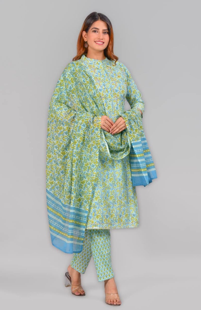 Yash Gallery Women's Embroidered Floral Printed Straight Kurti With Pant And Dupatta (Green, L) - Image 2