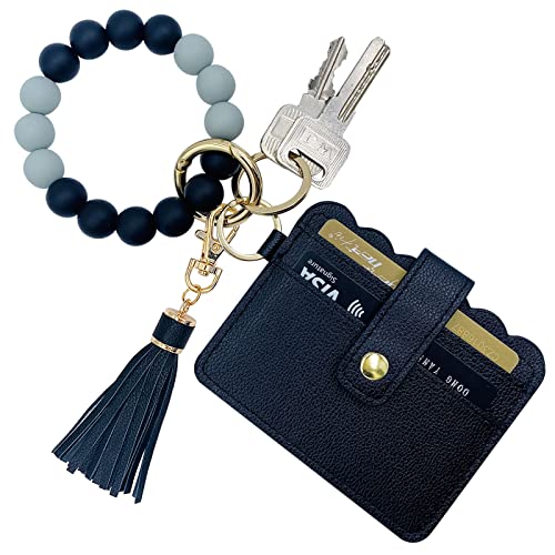 TSNSOEEO Wristlet Keychain Bracelet Wallet, Key Ring Silicone Bead Bangle, Tassel Card Pocket Key Chains for Woman - Image 1