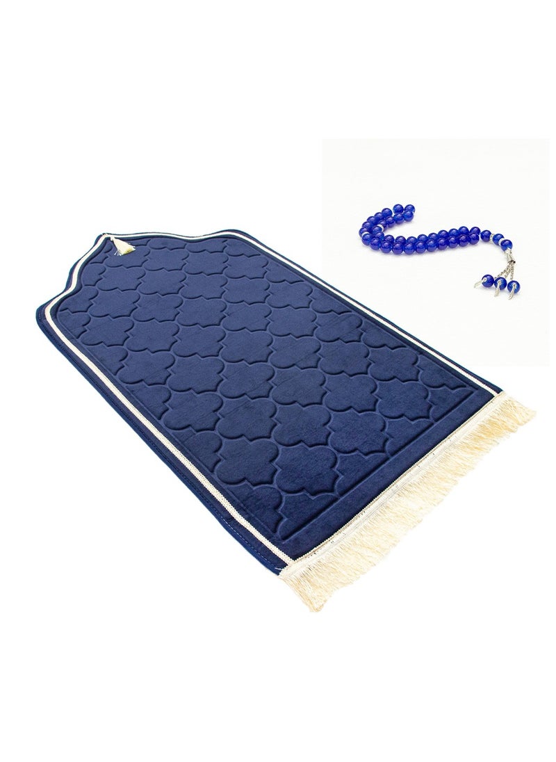 MOVE ON Velvet Premium prayer mat with Blue color bids. Dimension of 65×110 cm which provide ample space for comfortable prayer & 10mm thickness ensures a soft and supportive surface.  - Image 1