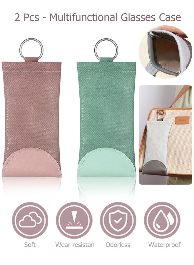 دبليو أف أف أو حقيبة نظارات ناعمة بحجم 2 مع كيس، حقيبة نظارات شمسية جلدية للسفر، حقيبة نظارات بغطاء قابل للضغط مع حلقة للتعليق - وردي/أخضر - Image 1