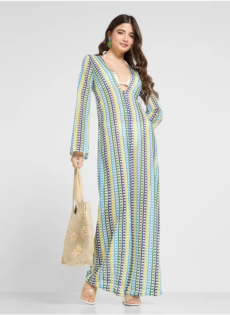 Ginger Crochet Multi Stripe Beach Dress With Front Slit