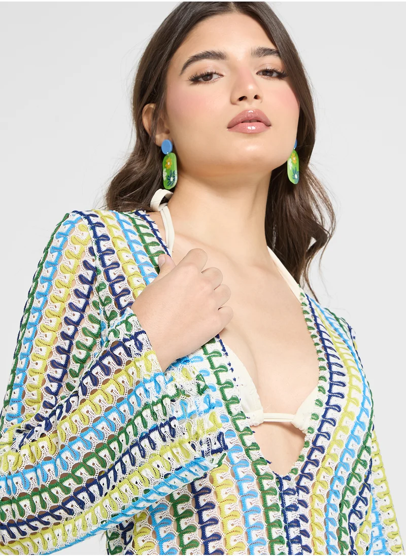 Ginger Crochet Multi Stripe Beach Dress With Front Slit
