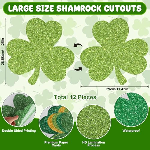 Yewfold Large St. Patrick's Day Shamrock Cutouts Decorations, Clover Cardboard Cutout Set of 12, 11" x 11" Saint Patrick's Day Cut Outs Decor for Party Wall Bulletin Board Indoor Outdoor Decoration - Image 2